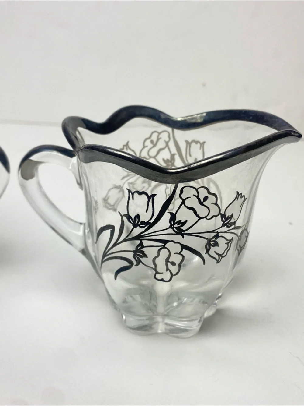 Vintage Duncan & Miller Canterbury‎ Sugar & Creamer Set Floral Silver Rim